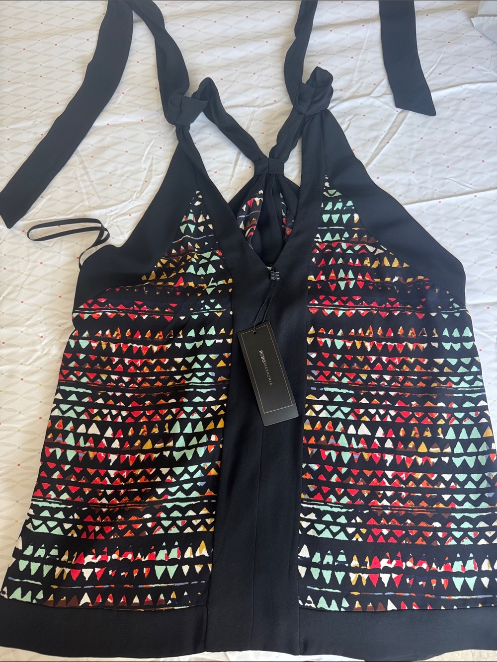 BCBG Black Halter Camisole with Mint, Red and Yellow Triangle Print
